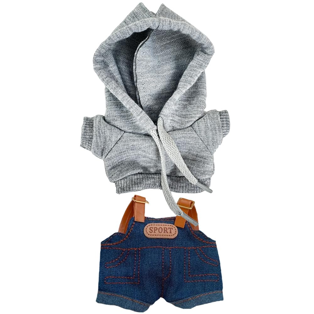 

niannyyhouse Plush Toy Clothes Denim Overalls & Hoodie Set, for 15-17cm Dolls, Dress-up Clothes (Gray)