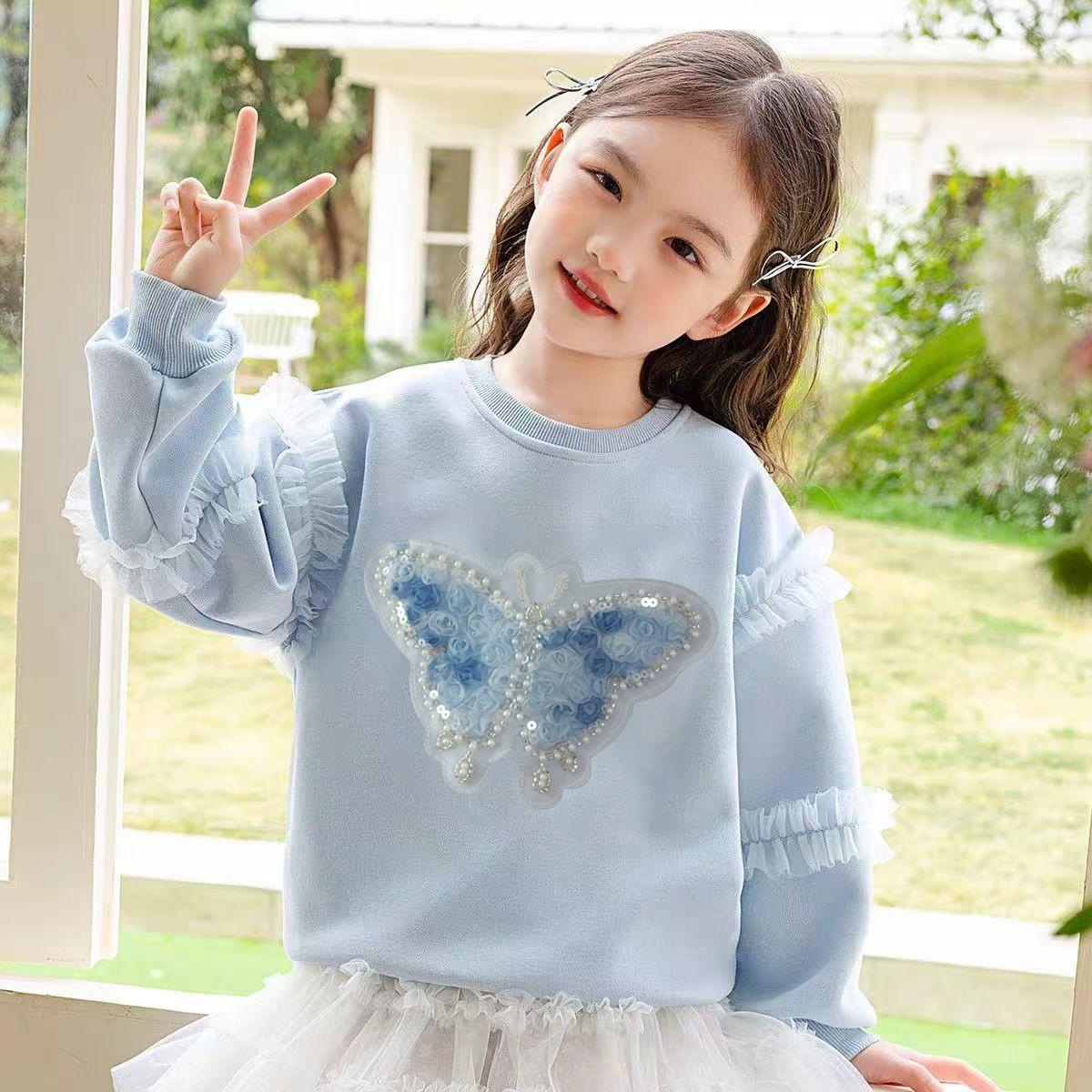 Girls Long Sleeve Sweatshirt with Glitter Butterfly and Mesh Detail for Spring Autumn 110