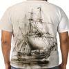 Casual Summer Top Men's Retro Sailboat and Compass Digital Print Soft Round Neck Short Sleeved T-shirt