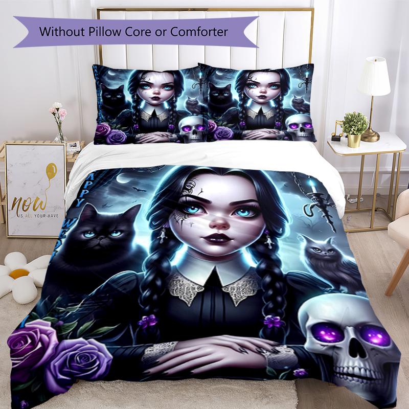 3pcs Wednesday Addams Pattern Bedding Set Duvet Cover Set Includes Duvet Cover &pillowcases, Perfect All Season Bedroom Decoration & Gift