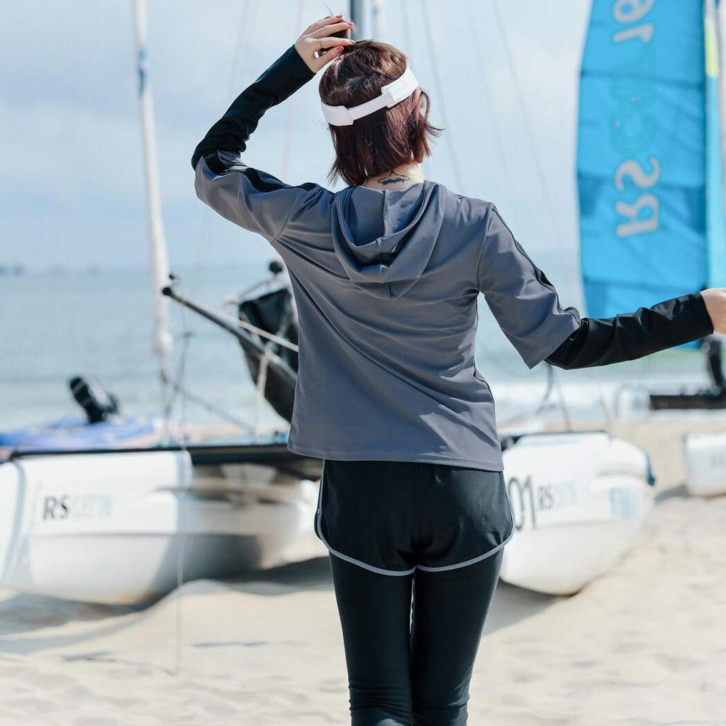 Teddy Women's 5-Piece Fitness Swimsuit Set, Long Sleeve Rash Guard, Bikini, and Leggings (Gray, Size L (11)) (hys2453)