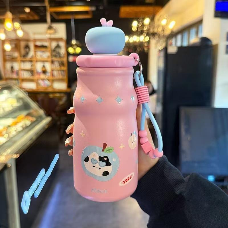 High-value apple cover straw thermos cup, cute cartoon portable water cup with beaded lifting rope, optional, support mixed batch
