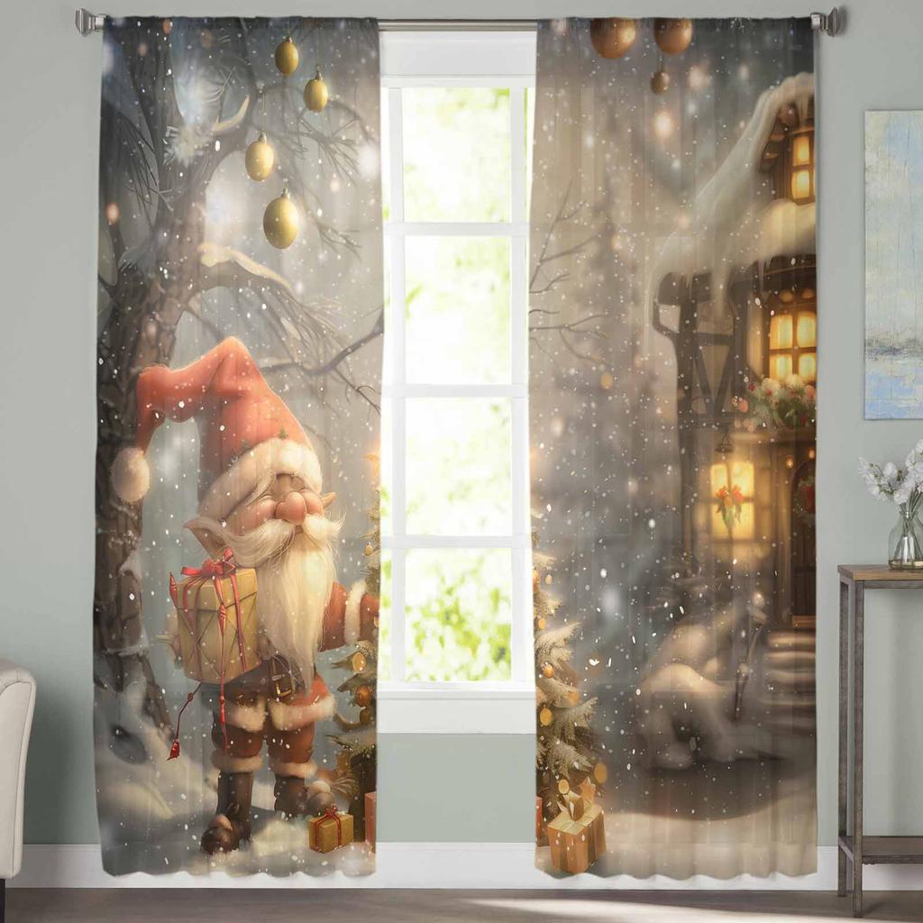 Christmas Dwarf Forest Snow Scene Cartoon Curtains For Living Room Bedroom Home Decoration Window Voile Tulle Curtain Drapes