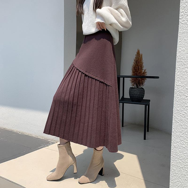 

Черная трикотажная юбка женская осенне-зимняя юбка А-силуэта с высокой талией длинная узкая нерегулярная плиссированная юбка One size кофейный