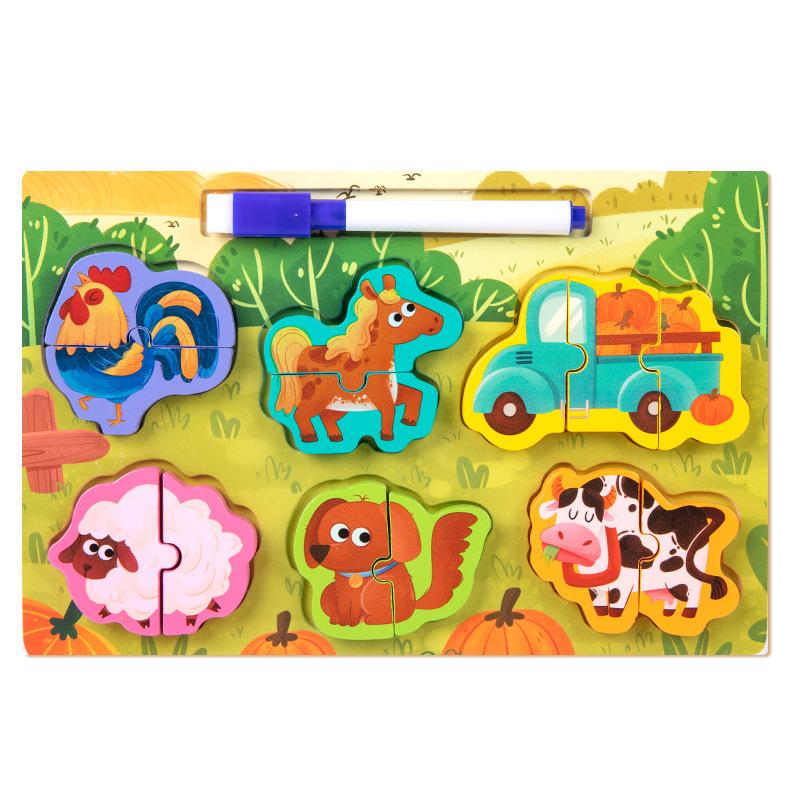 

Toddler Animal Cognition 2-in-1 Wooden Puzzle & Drawing Board Educational Toy