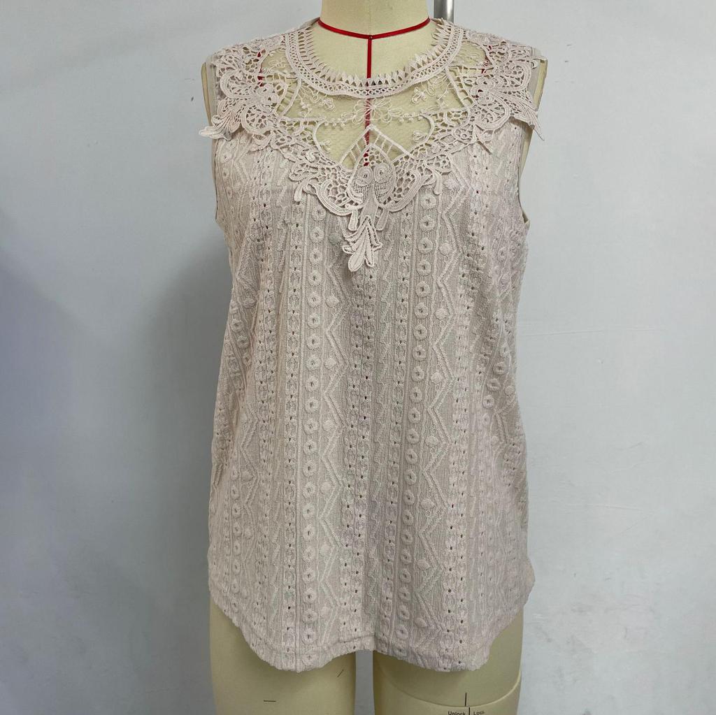 Kvinner Vår Sommer Elegant Blonder Patchwork O-Hals Hul Topp Ensfarget Heklet Camisole Topp Pullover Skjorte S-XL