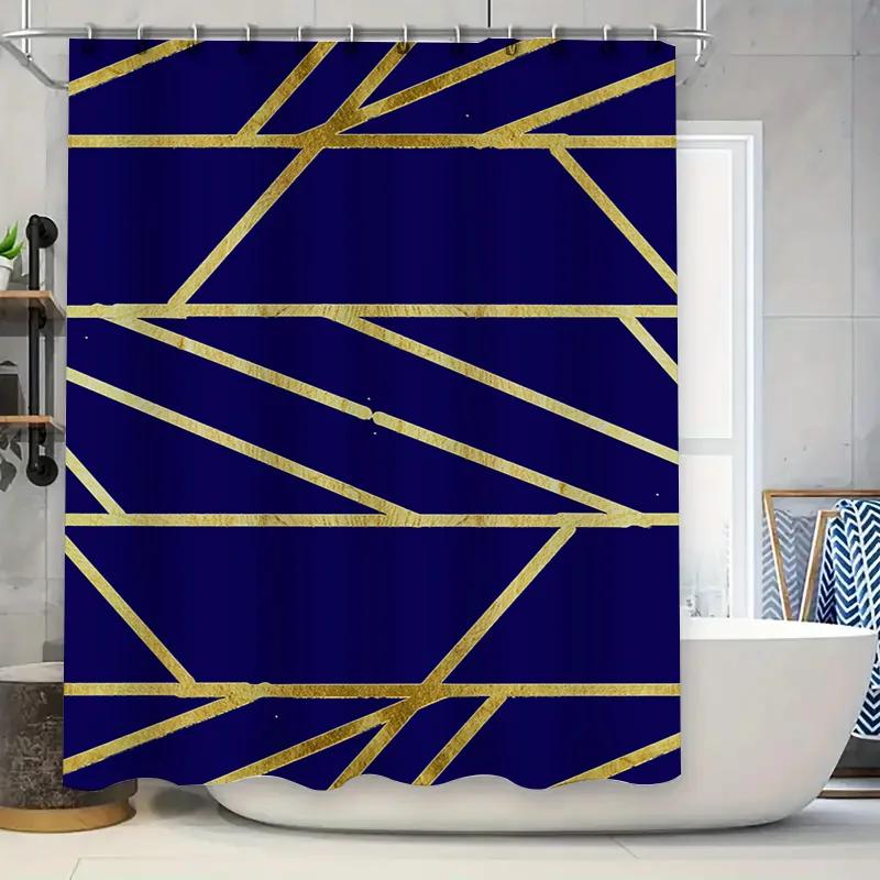 

Modern Geometric Shower Curtain Bold Navy Blue Gold Stripes Polyester Fabric For Bathroom Decorations W60H190(CM)-1 Pcs