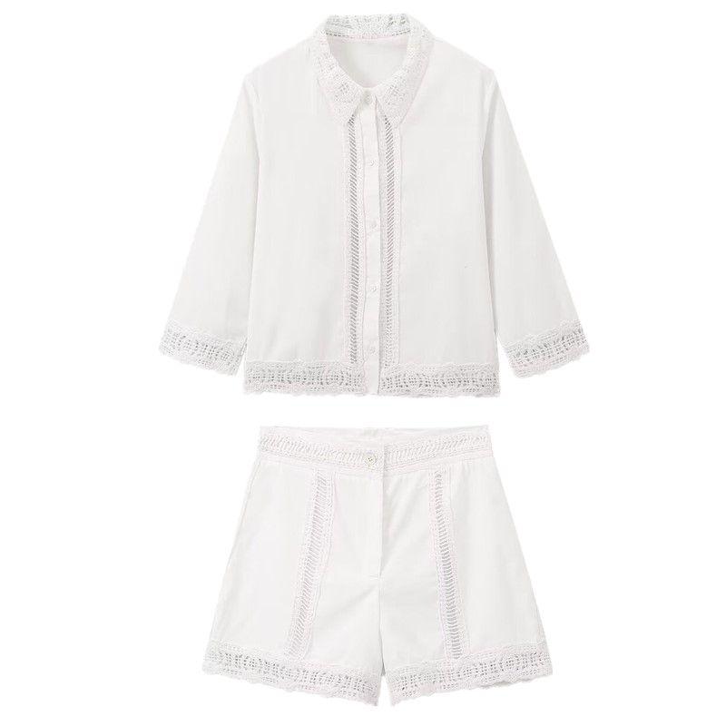 Fashion Style 2024 Autumn New Arrival Women's Stylish Cut Out Crochet Shirt Casual Mid Waist Shorts 4786252