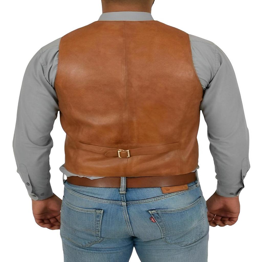 Noora Gilet de piele portocaliu ars pentru bărbați, cu închidere cu nasturi | Vestă din piele de designer | Gilet din piele Rider