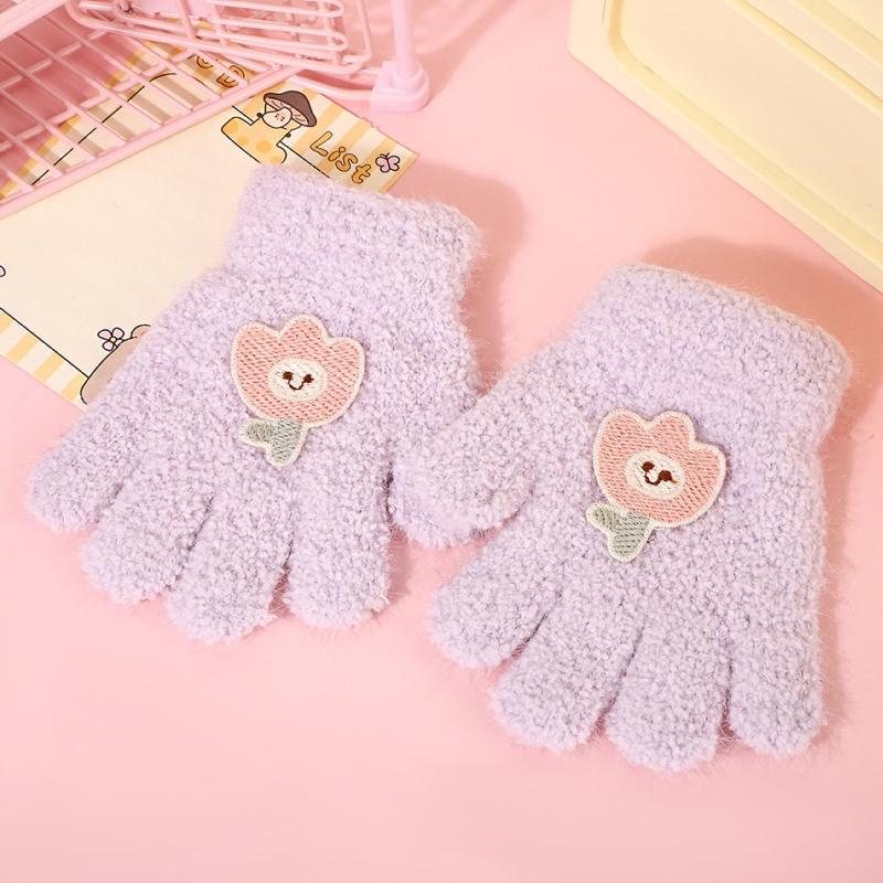 Fashion Bear Baby Fluffy Gloves Cartoon Pattern Gloves Solid Color Full Finger Knitted Mittens Girls
