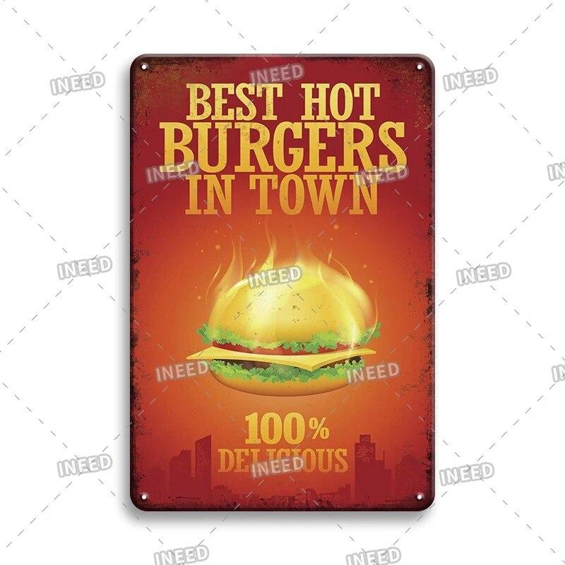Burger Sign Best in Town 100% Beef BBQ Vintage Decor Hotdogs Kitchen Decorations Wall Plaque Retro Decor Vintage Food Sign