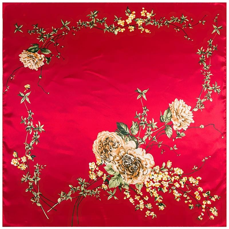 Elegant 90*90cm Spring Rose Flower Printed Small Square Scarf Foulard Hijabs For Ladies