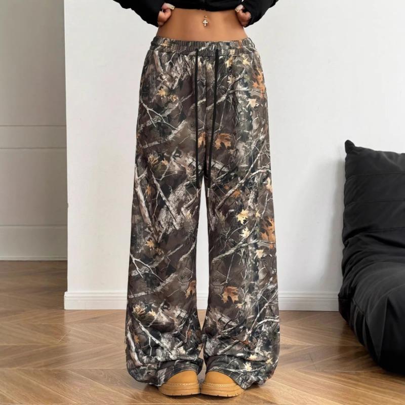 

Spring and Summer New Style Fashionable Casual Versatile Drawstring Sports Camouflage Leaf Print Low-waist Pants S хаки