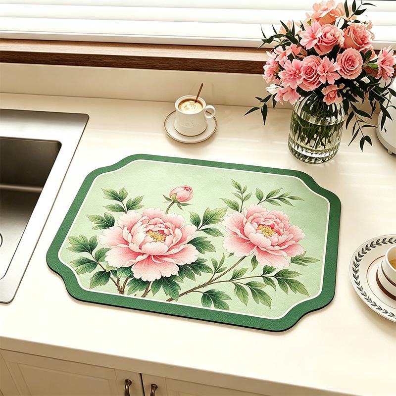 Chinese-Style Irregular Flower & Bird Diatom Mud Coffee Mat: Stain-Resistant, Easy-Clean, Non-Slip Kitchen Draining Mat