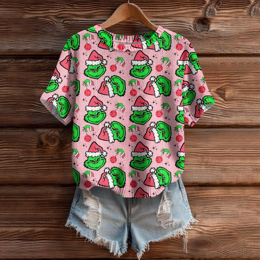 Women's Cute Sweater Knitted Fashion Casual Round-neck Short-sleeved  Cozy Print Top
