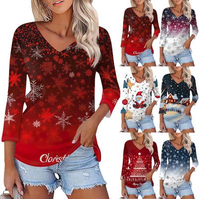 Shirt für Damen, modisch, lässig, V-Ausschnitt, 3/4-Ärmel, lockeres T-Shirt mit Weihnachtsdruck, Damenoberteil