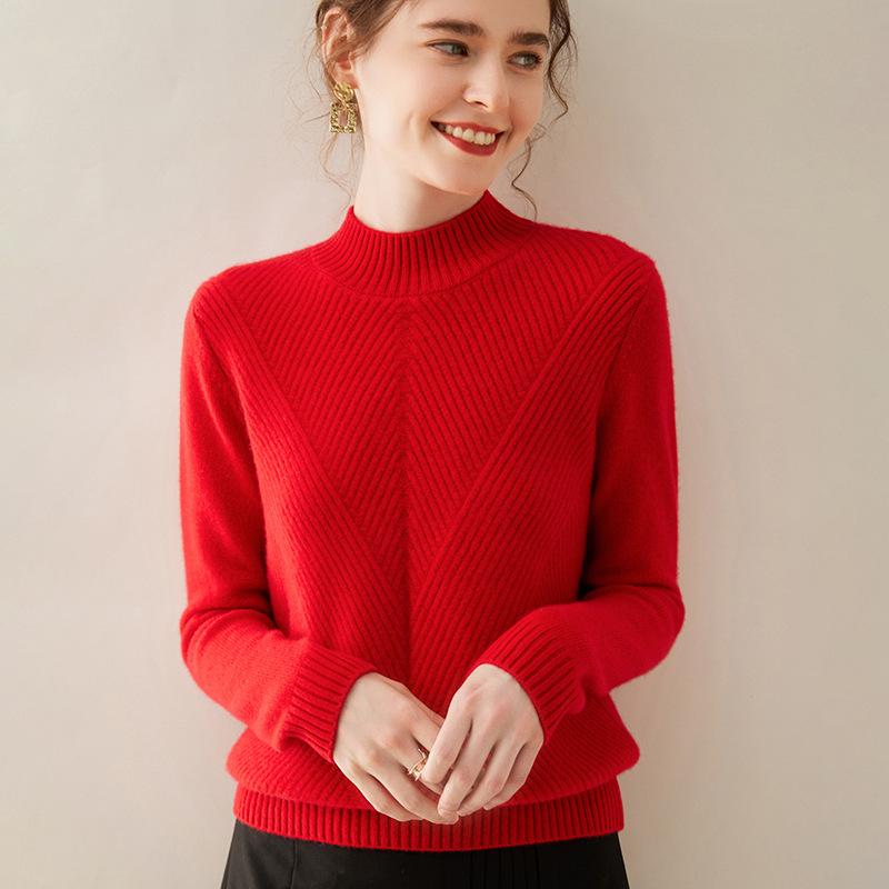 Women's High Neck Cashmere Knit Sweater - Thickened Loose Fit Pullover for Autumn/Winter