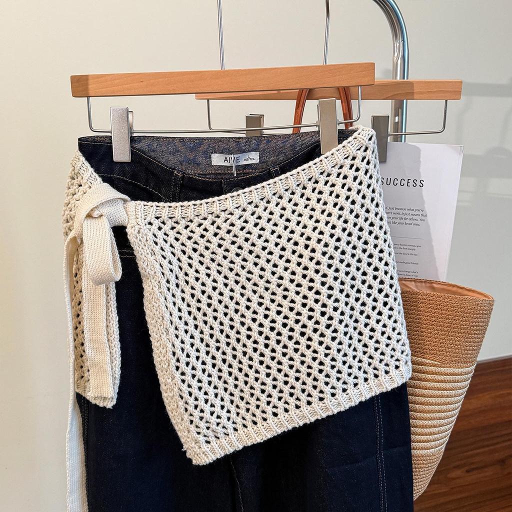 Korean Style Red Knit Hollow Skirt with Decorative Straps - Women's Spring/Summer Layered Outerwear