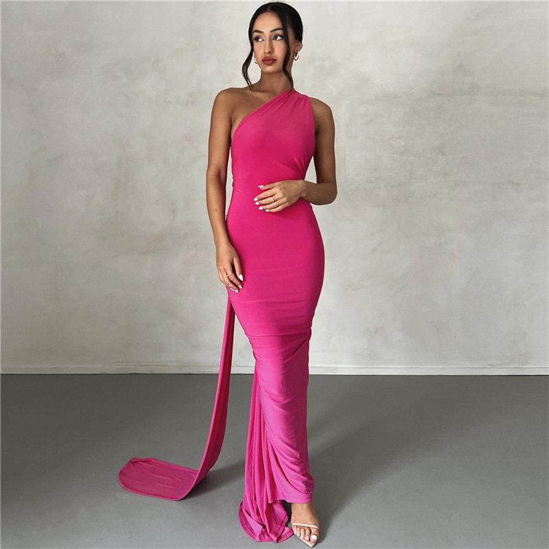 

European and American temperament hanging neck halter women s clothing waist pinch pleated slim fit sexy floor dress long dress L