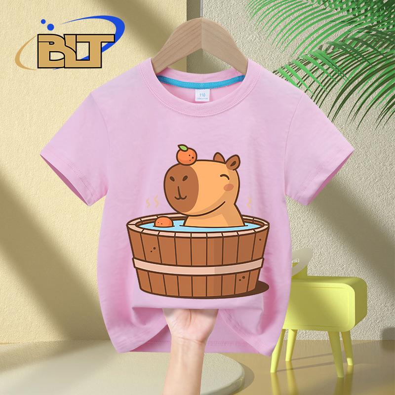 Capybara in hot tub printed Kids TShirts summer childrens pure cotton shortsleeved casual tops boys and girls gifts