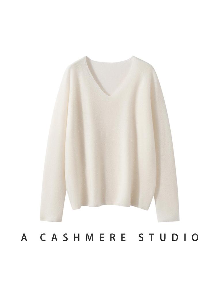 Women's Soft 100% Cashmere V-Neck Sweater - Loose Fit, Long Sleeve, Solid Color Knitwear for Autumn and Winter