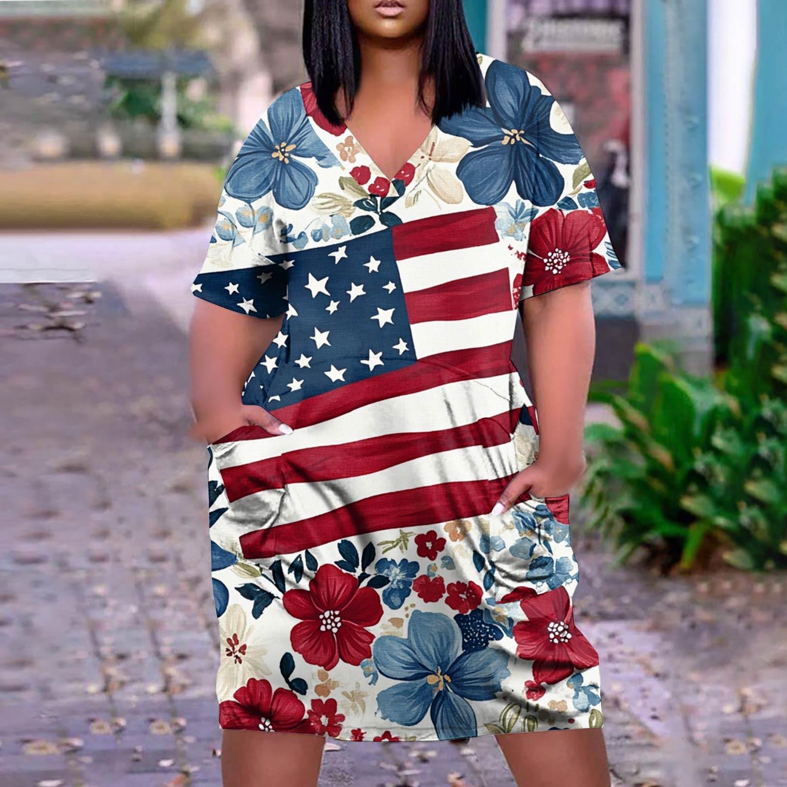 

Summer Plus Size V Neck Short Sleeve Knee Pocket Gradient Print Casual Dress For Women XL