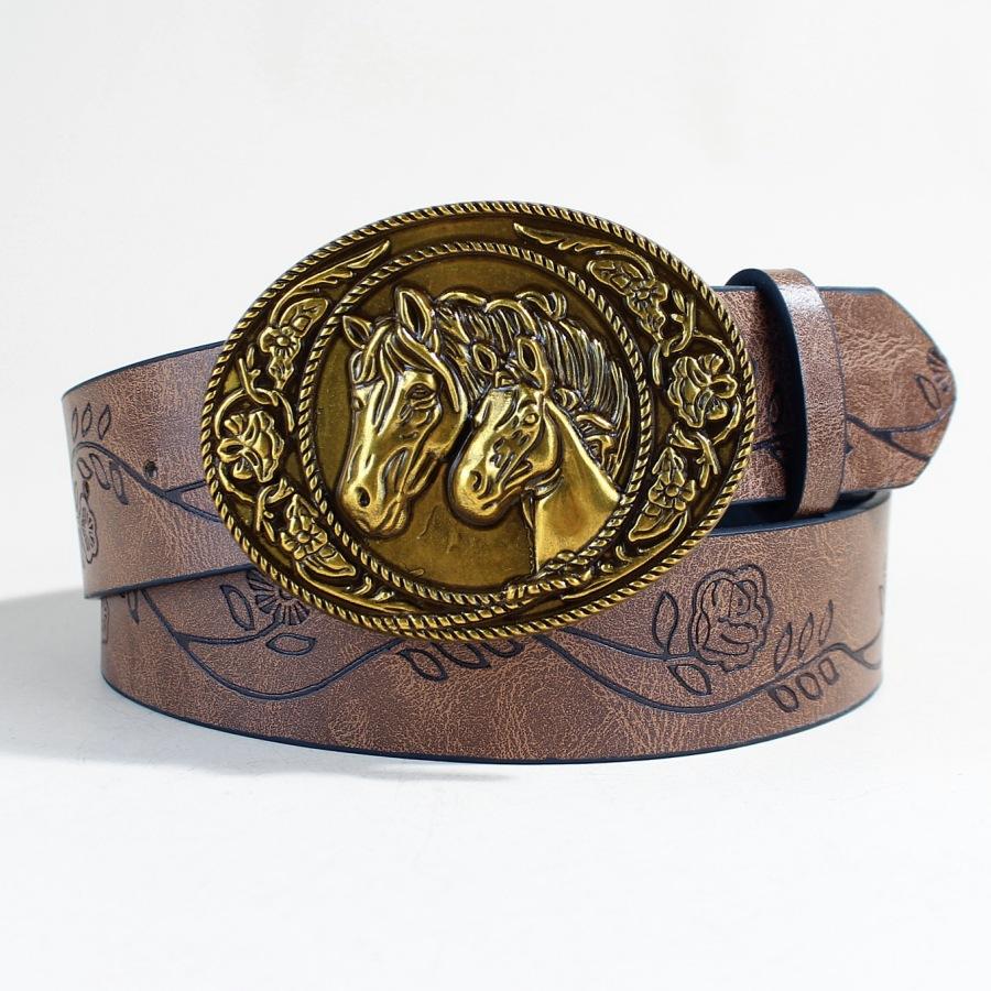 Western Denim Belt Cow Head Harness Retro Punk Embossed Leather Belt Women 110cm long (L size)