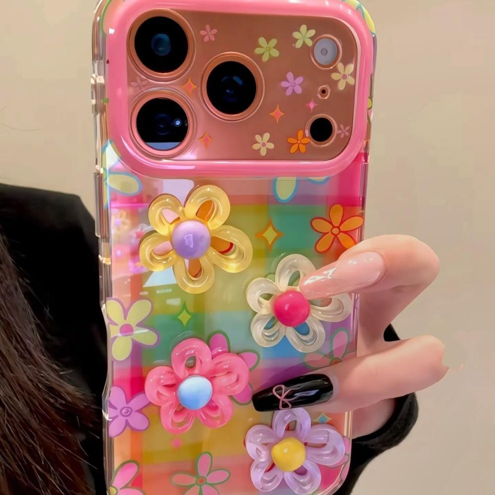 Korean Style Ins Dopamine Colorful Checkered 3D Flower iPhone 17 Pro Max Case for Apple 15 Pro 14 13 16 Women Unique Full Cover
