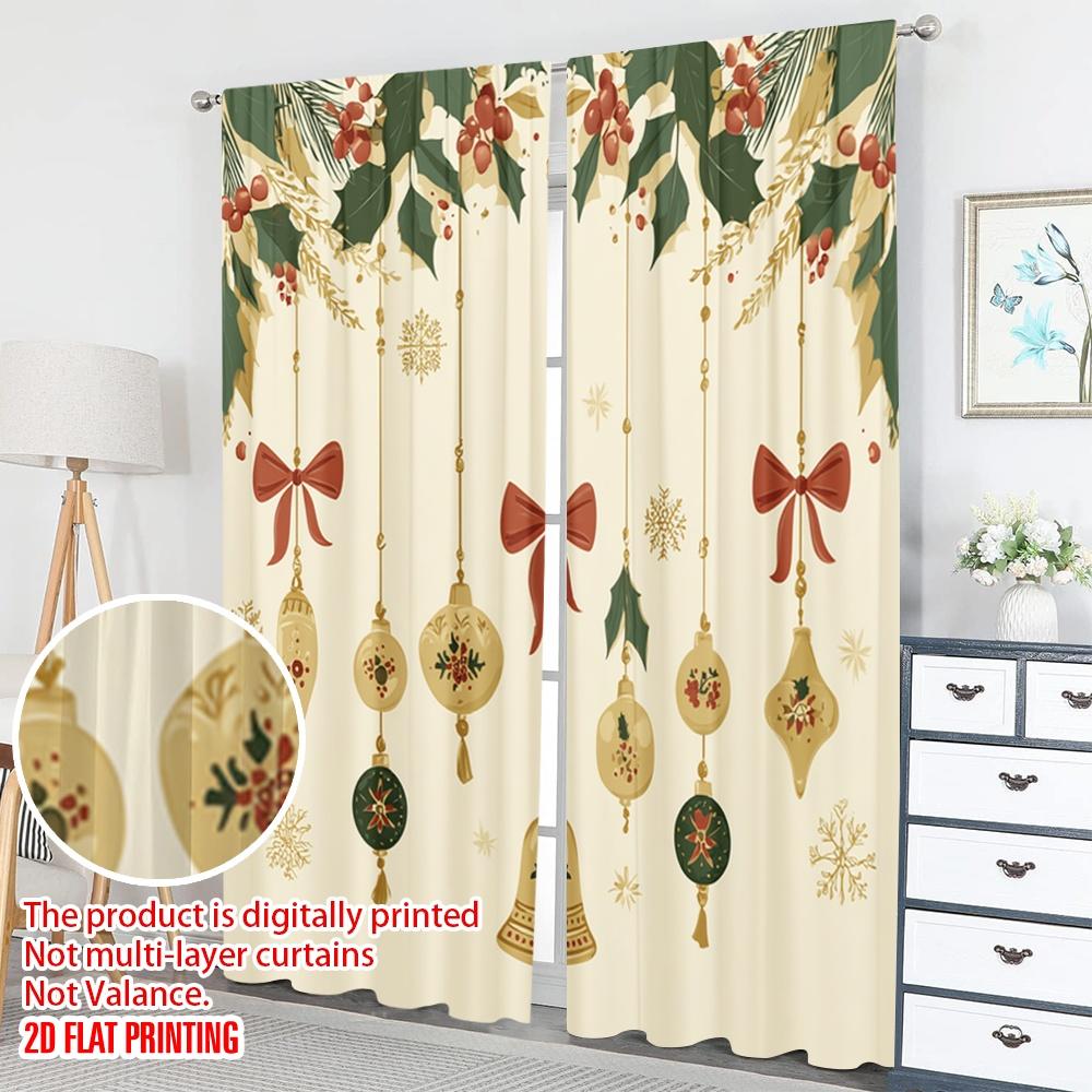 2pcs 2D flat printing Christmas Hot Party Curtains Christmas Holly Bells Ornaments Digital Printed Polyester Drapes Holiday