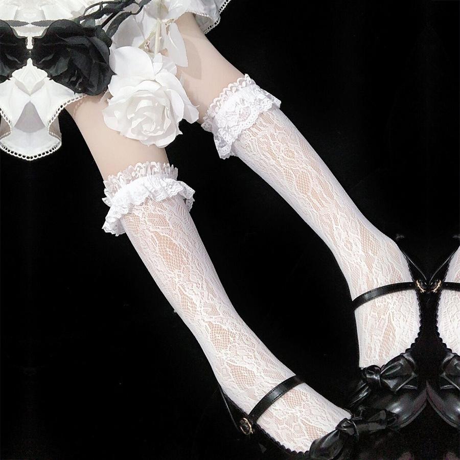 Japanese JK Lace Stockings for Children Sweet Summer, Sexy Temptation Slimming White Lace Mid Length Calf Socks Thin Desig
