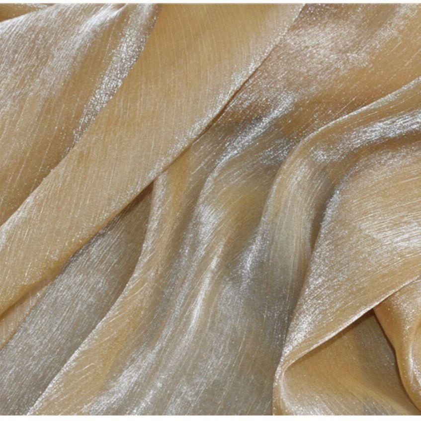 Caramel-colored pleated glitter transparent organza fabric suitable for wedding dresses evening gowns designer clothing fabrics