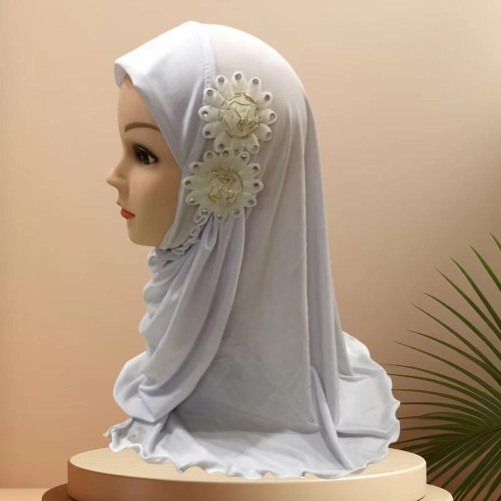 Elastic Children Hijabs Solid Flowers Head Islamic Scarf Shawls  2 To 7 Years Girls