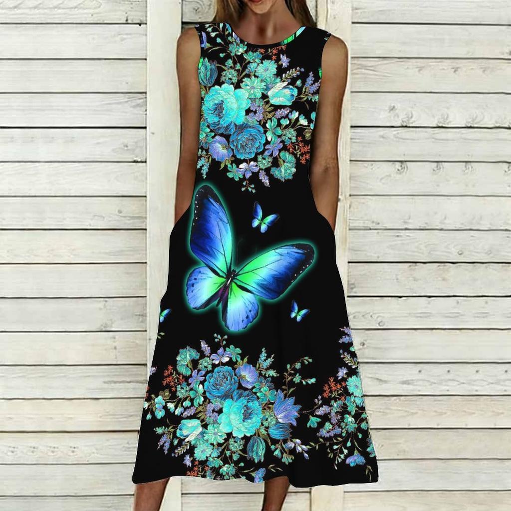 Oversized Sleeveless Round Neck Dress Elegant Clustered Floral Print Knee Length Flowy Dress