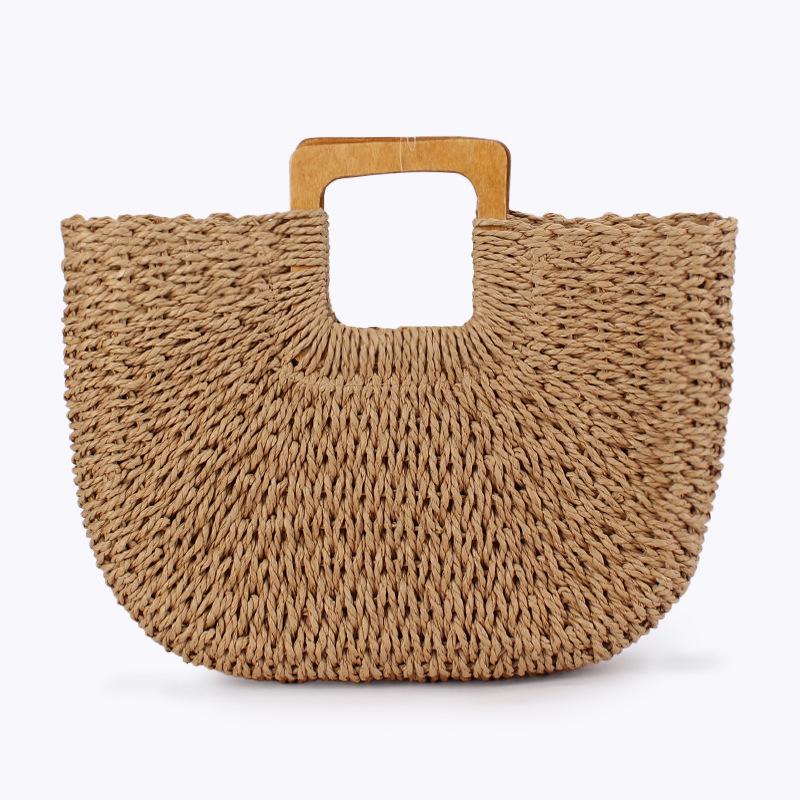 Borsa Intrecciata Casual Fatta a Mano con Manico in Legno - Grande Capacità per Spiaggia Estiva e Viaggi