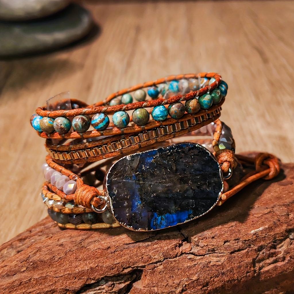 Bohemian Style Adjustable Natural Labradorite & Creative Hand-Woven Bracelet - Vintage 5-layer Wrap Stunning Design for Everyday and Holiday Wear,
