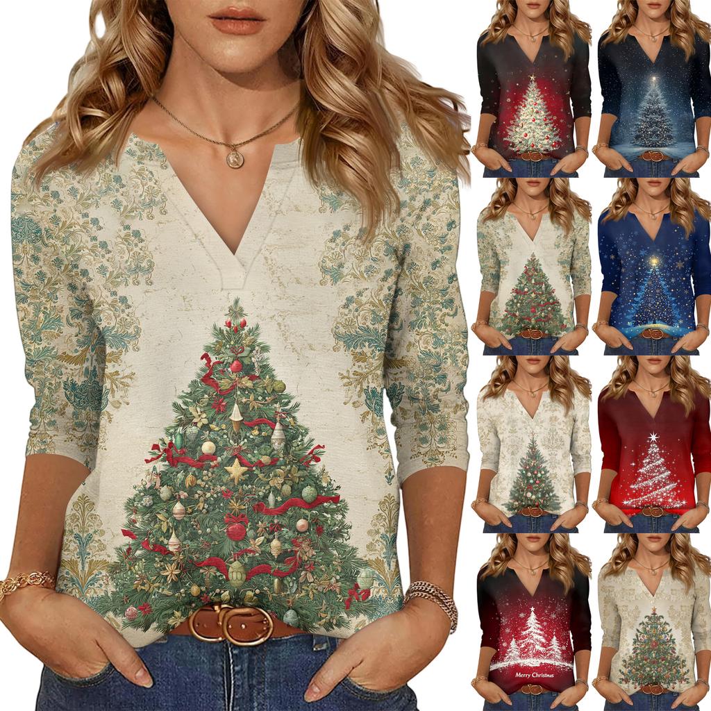 Women's Casual Fashionable Sexy Comfortable V-Neck Christmas Three-Quarter Sleeve Top