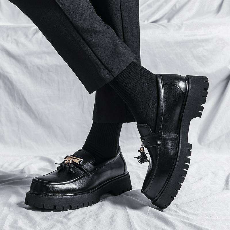 Men's Black Tassel Leather Slip-On Shoes - Autumn New Style Thick Sole, Big Toe, Fashionable Casual Low-Top