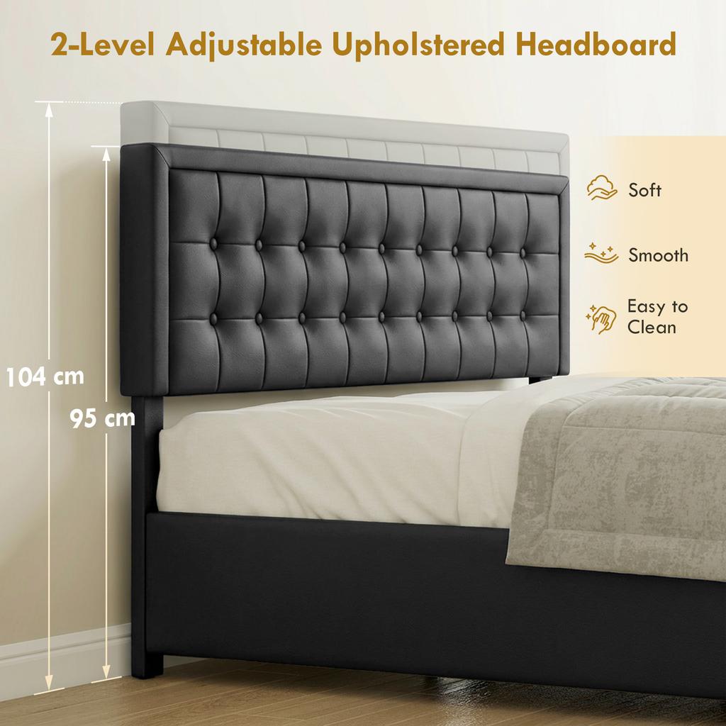 PU Leather King Size Ottoman Bed Frame, with Front Drawer - Black