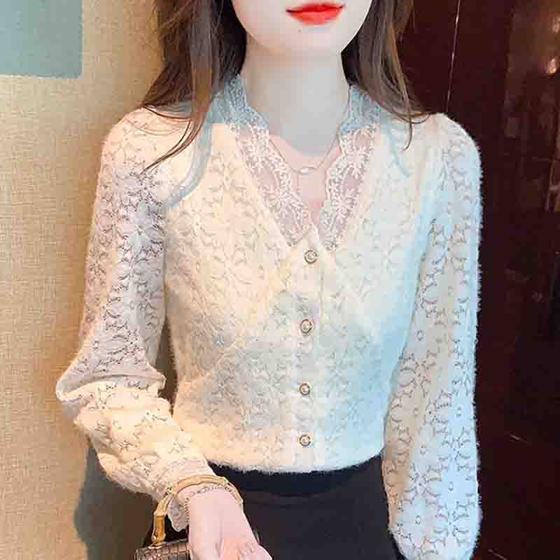 Mode Neu 2024 Herbst Winter Langarm V-Ausschnitt Aprikosenfarben Samt Spitze Bluse Hemd Damen Oberteile Blusen Hemden J768