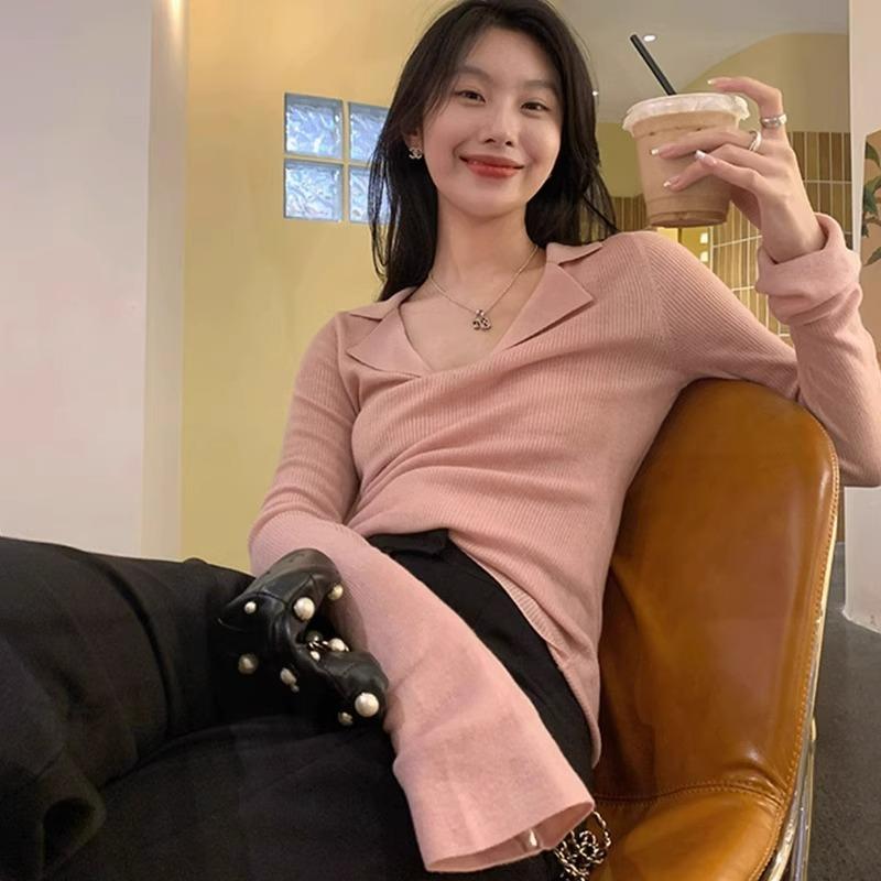 Flower Camel Collar Slim Fit Sweet and Spicy Bottoming Shirt Women's Autumn Polo Lapel Pit Strip Top Sweater