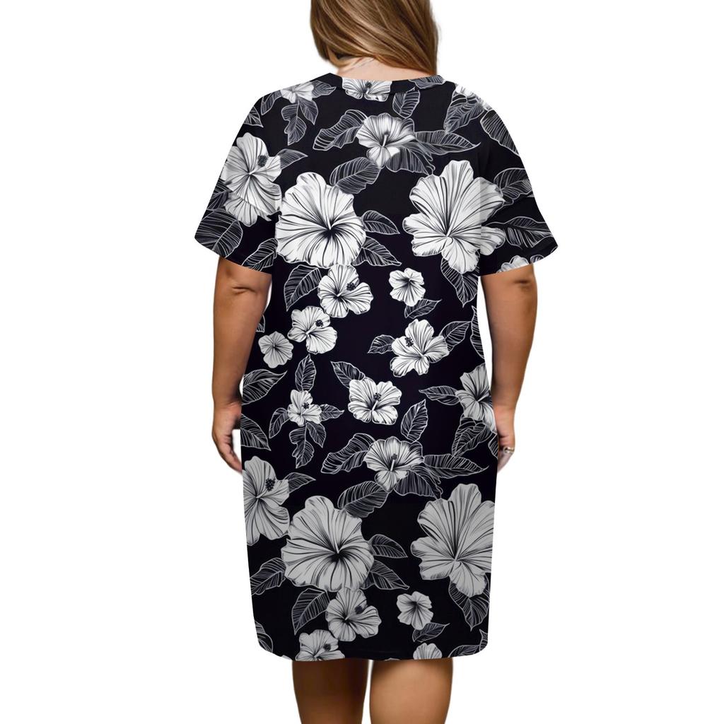 Summer Plus Size V Neck Short Sleeve Knee Pocket  Print Casual Dress For Women