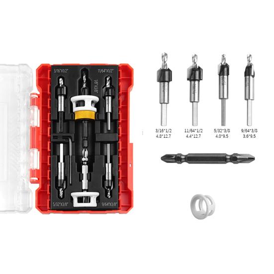 Countersink Drill Bits Set with Adjustable Aluminum Depth Five Dual-Flute Bits TCT Alloy Hole Drill Bits Kit with Wrench Storage Case