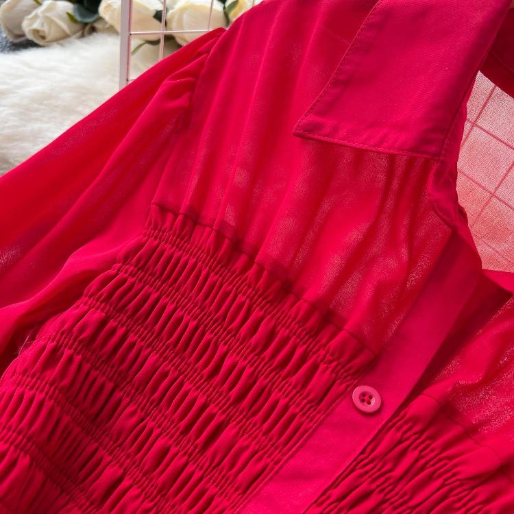 Women's Casual Dresses - Spring Autumn Women Vintage Draped Long Maxi Dress A Line Single Breasted Long Sleeve Turn Down Collar Red Green Purple