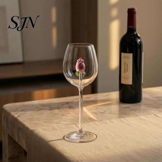 Bicchieri di Lusso per Feste Bicchiere da Vino Rosso con Rose e Foglie Verdi Decorato, Calice Trasparente Squisito Design Floreale, Bicchiere Decorativo,