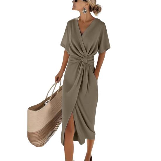 

Женские платья с коротким рукавом и V-образным вырезом, официальное платье, повседневное свободное платье однотонное, платье для вечеринки, для офиса, отпуска, коктейля M хаки