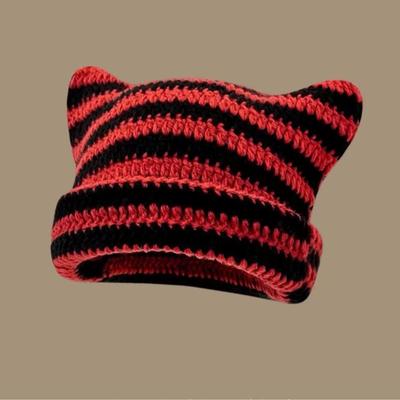 Süße japanische Wollmütze mit Katzenohren für Damen – warm und vielseitig für Herbst/Winter, gestreift, Pullover-Stil für Paare.