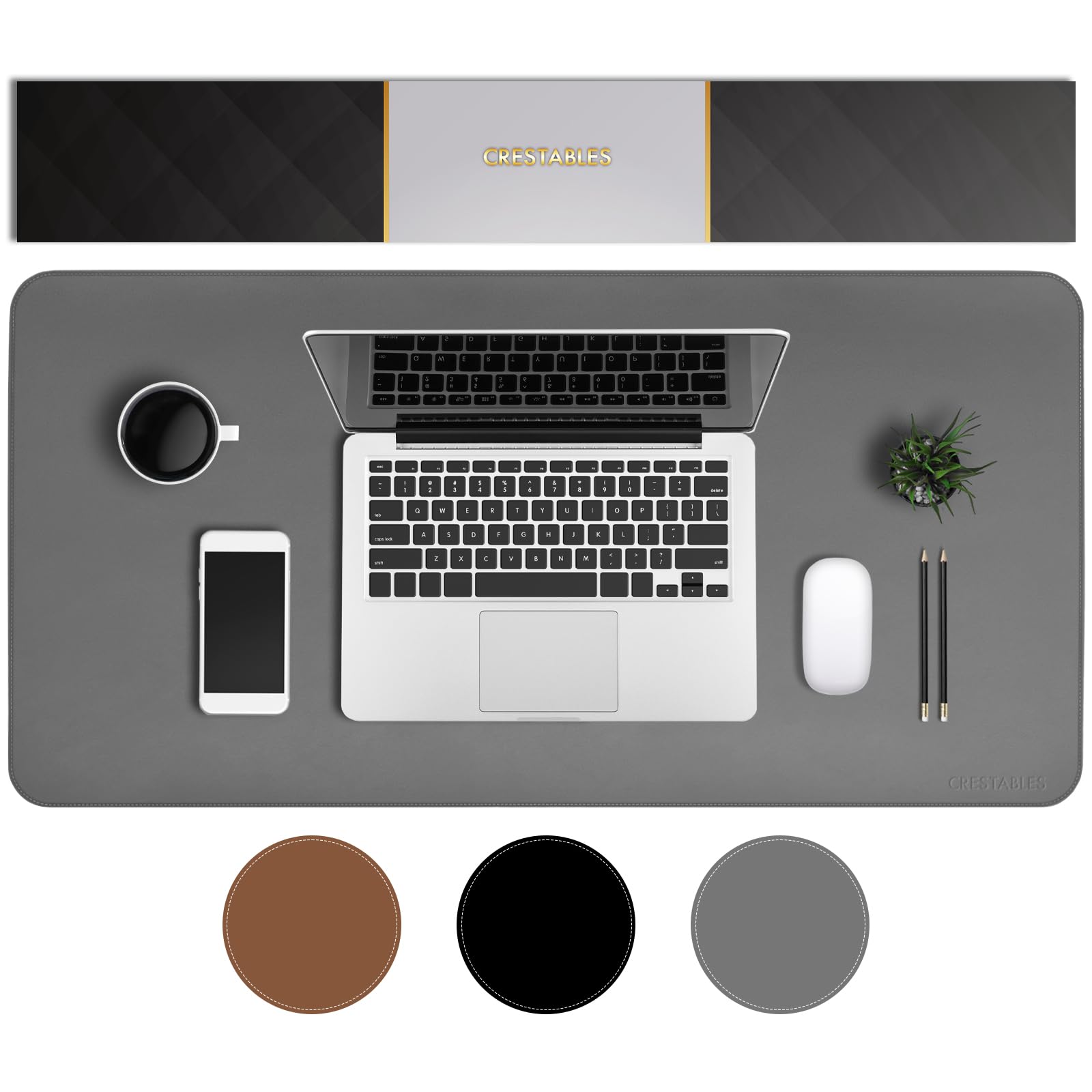 

CRESTABLES Large Desk MatMouse Pad, PU Leather with Suede Backing, for Office or Home Use (90 x 40 cm), Gray