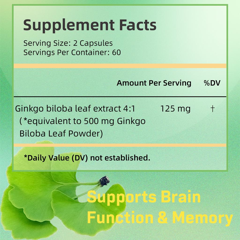 Ginkgo Biloba Extract Capsules, Natural Supplement, Easily Absorbed, Suitable for Adults.