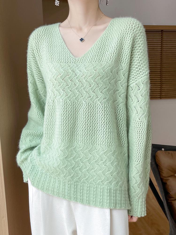 Women's Cashmere V-Neck Hollow Jacquard Pullover Sweater, Autumn/Winter Collection