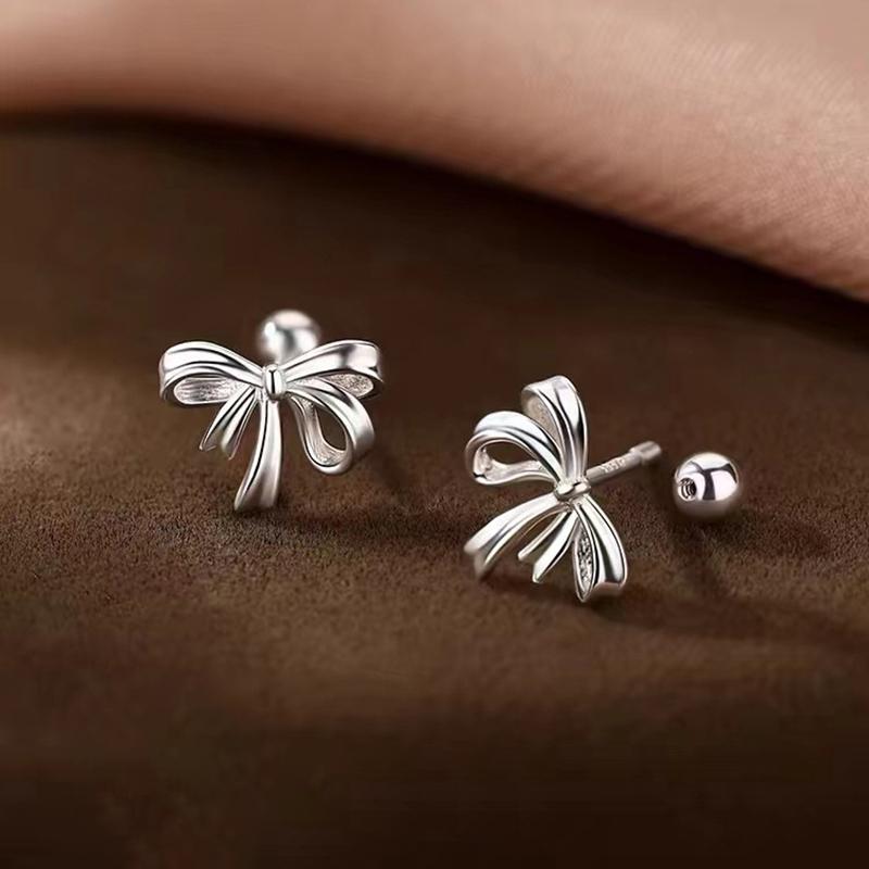 Real 925 Silver Bowknot Bead Screw Mini Stud Earrings For Women Classic Fine Jewelry Light Accessories In Summer